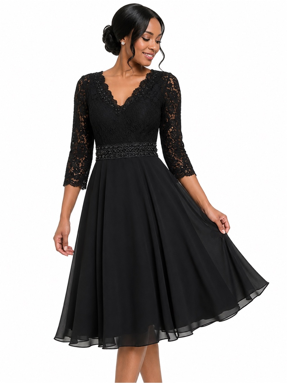 JJs House Black Lace Midi Dress with Beaded Waist